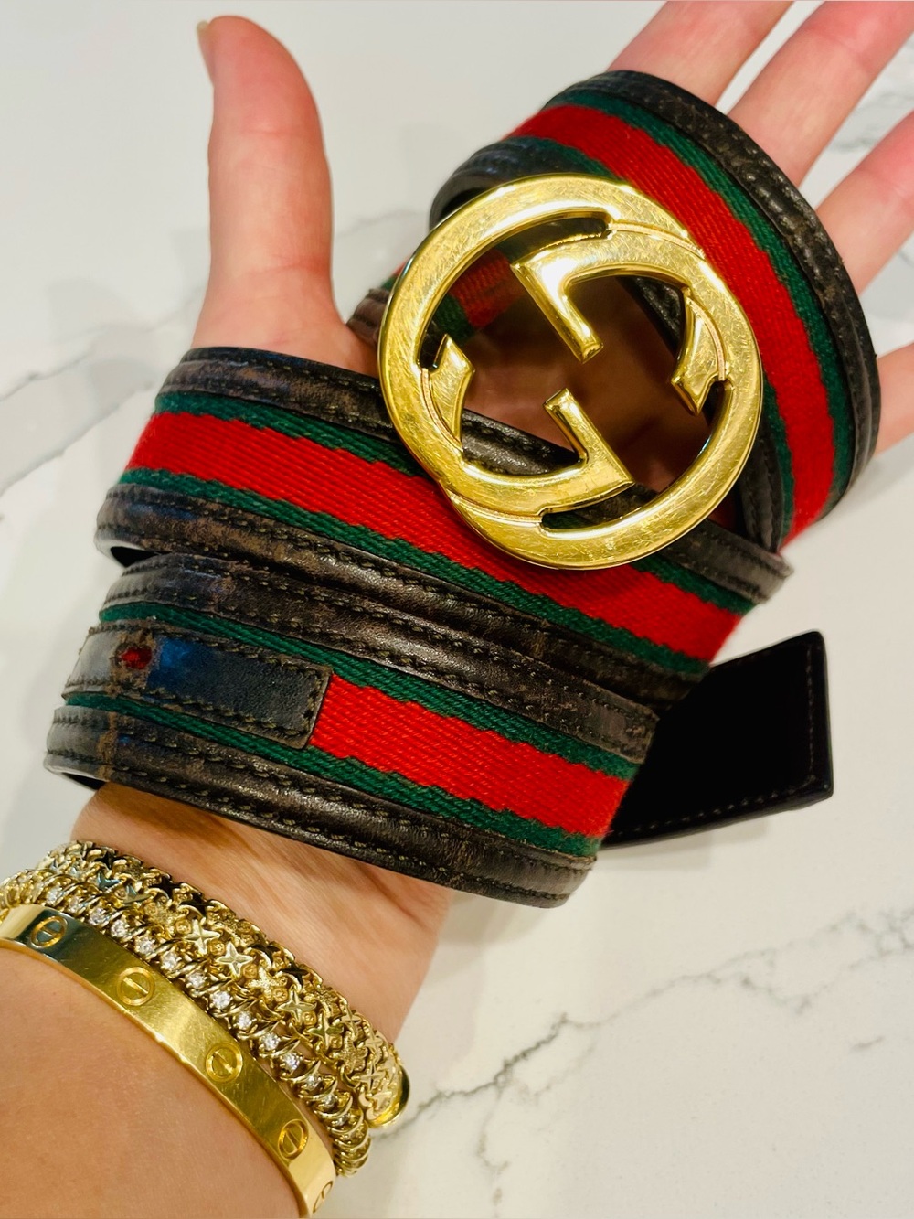 Gucci GG red green stripe brown leather belt Gold S M
